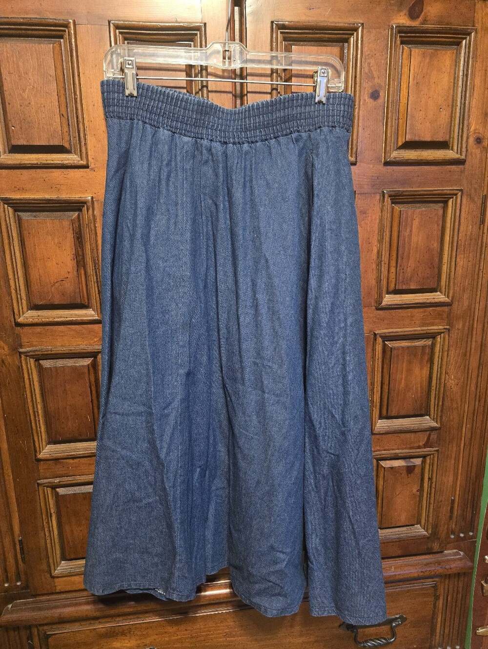 Vtg Abstract Women's Blue Denim Elastic Waist A-Line Midi Skirt Size M USA